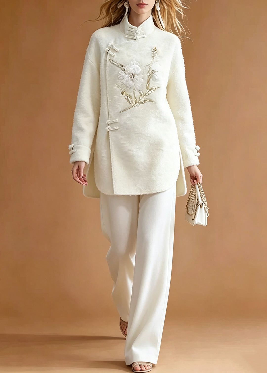 Chinese Style White Embroidered Button Side Open Shirts And Straight Pants Two Pieces Set Long Sleeve