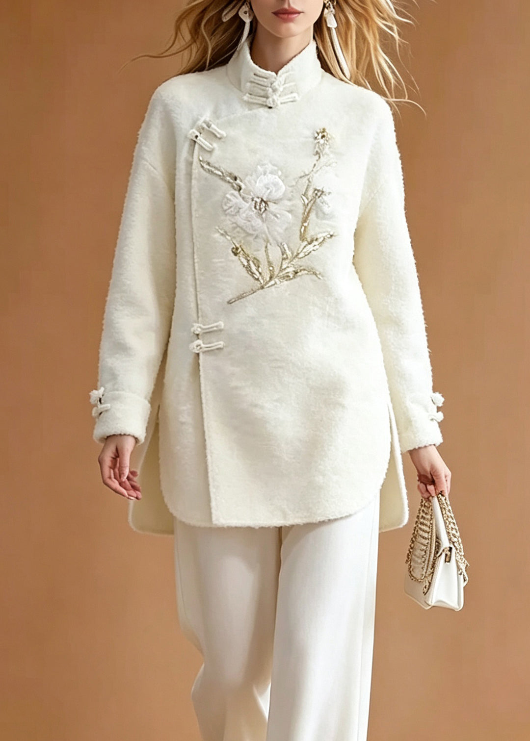 Chinese Style White Embroidered Button Side Open Shirts And Straight Pants Two Pieces Set Long Sleeve