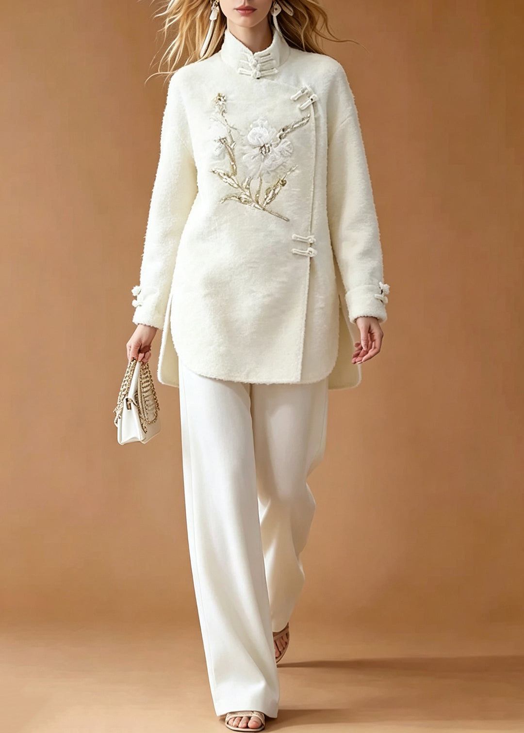 Chinese Style White Embroidered Button Side Open Shirts And Straight Pants Two Pieces Set Long Sleeve