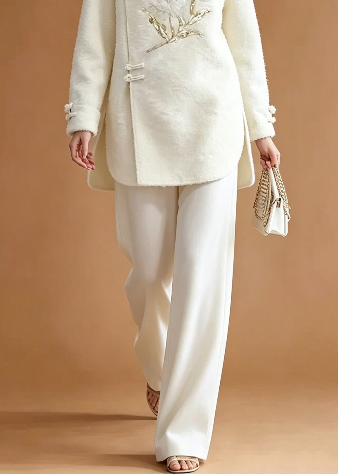 Chinese Style White Embroidered Button Side Open Shirts And Straight Pants Two Pieces Set Long Sleeve