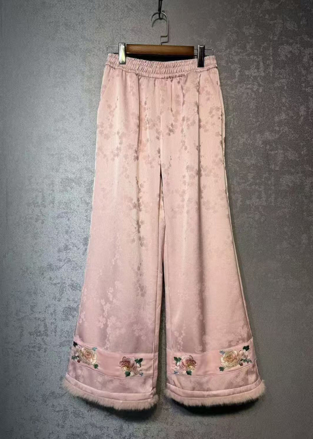 Chinese Style White Embroidered Warm Fleece Wide Leg Pants