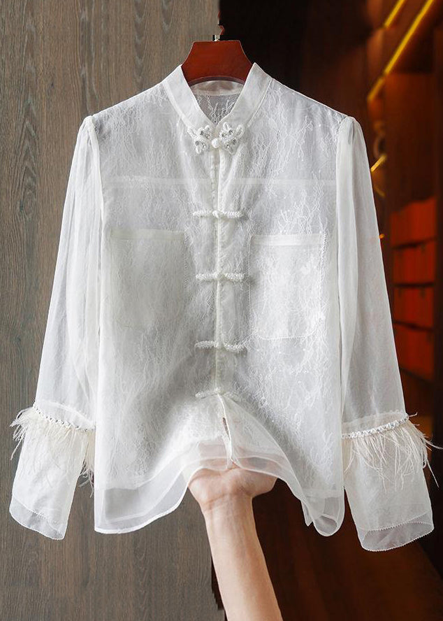 Chinese Style White Feathers Lace Patchwork Shirt Long Sleeve