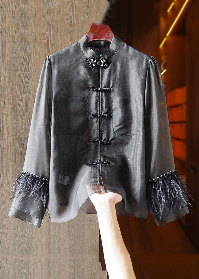 Chinese Style White Feathers Lace Patchwork Shirt Long Sleeve