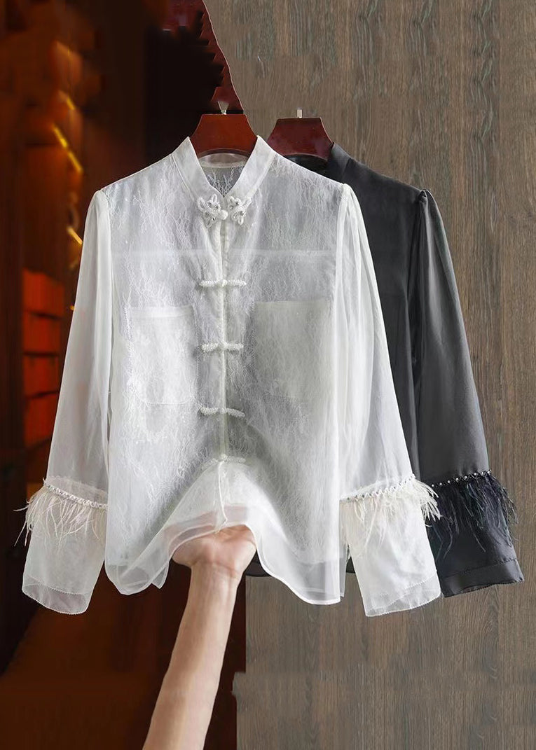 Chinese Style White Feathers Lace Patchwork Shirt Long Sleeve