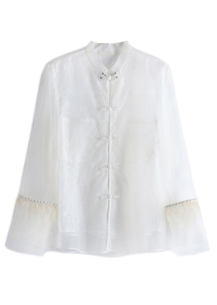 Chinese Style White Feathers Lace Patchwork Shirt Long Sleeve