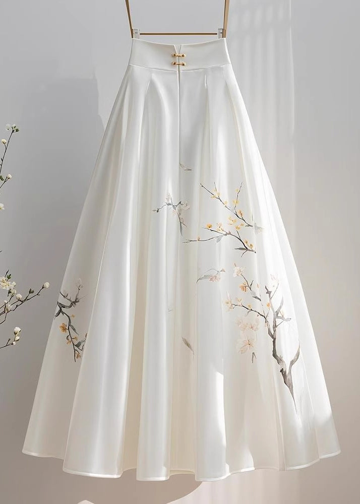 Chinese Style White High Waist Print Chiffon Skirts Fall