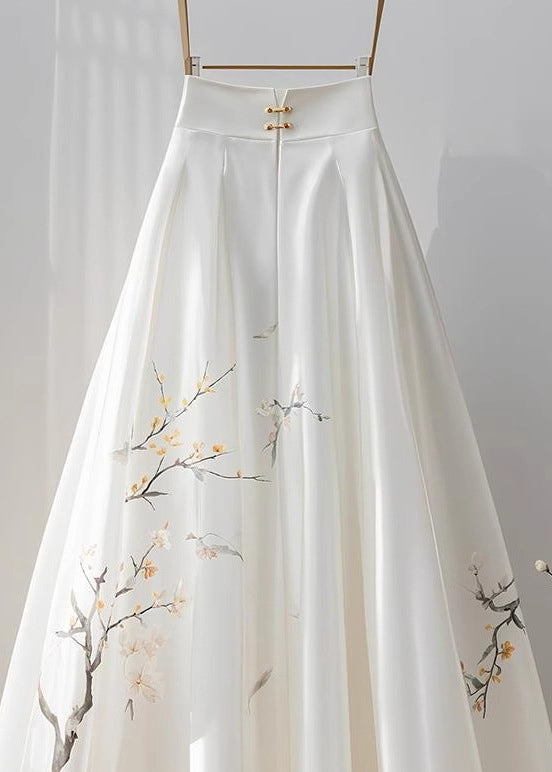Chinese Style White High Waist Print Chiffon Skirts Fall