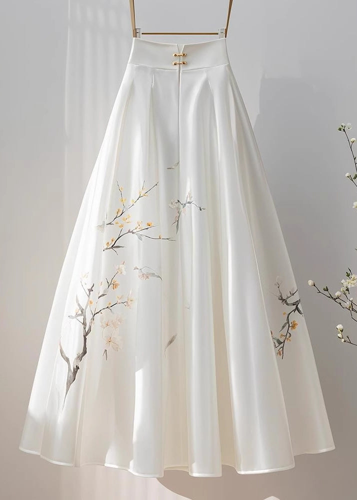 Chinese Style White High Waist Print Chiffon Skirts Fall