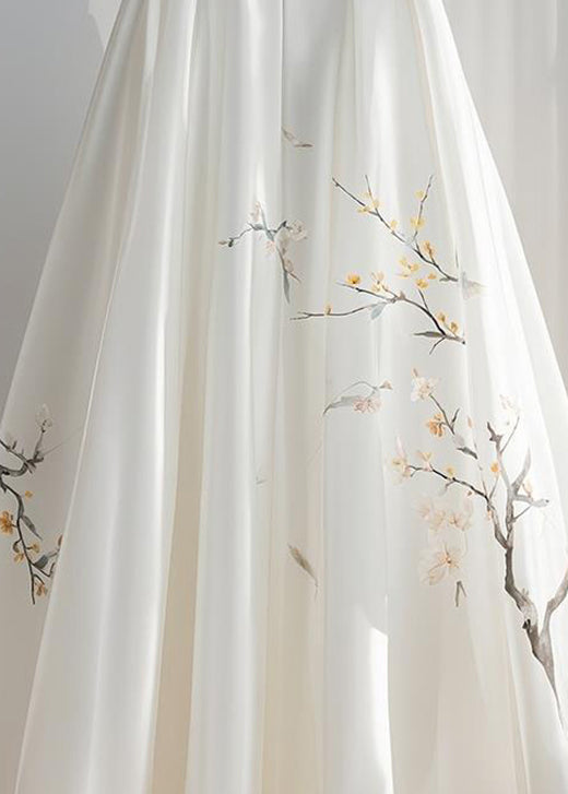 Chinese Style White High Waist Print Chiffon Skirts Fall
