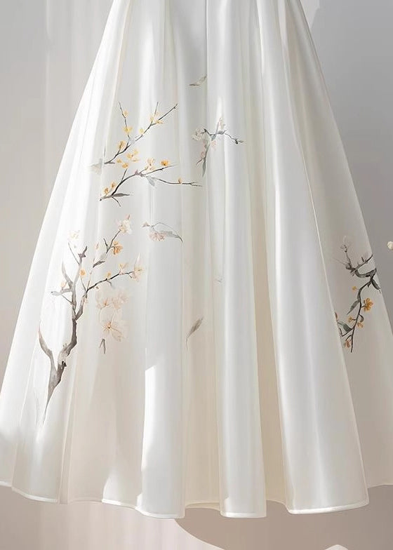 Chinese Style White High Waist Print Chiffon Skirts Fall