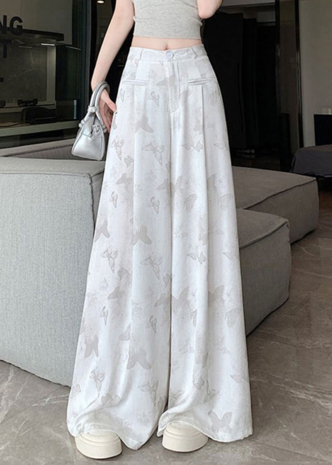Chinese Style White Pockets Butterfly Print Draping Floral Pants