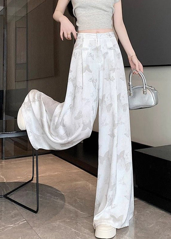 Chinese Style White Pockets Butterfly Print Draping Floral Pants