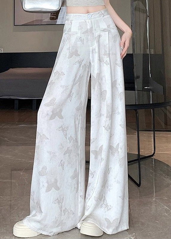 Chinese Style White Pockets Butterfly Print Draping Floral Pants