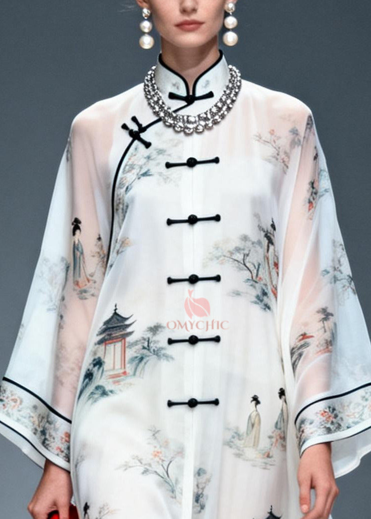 Chinese Style White Print Draping Chiffon Long Dress Summer