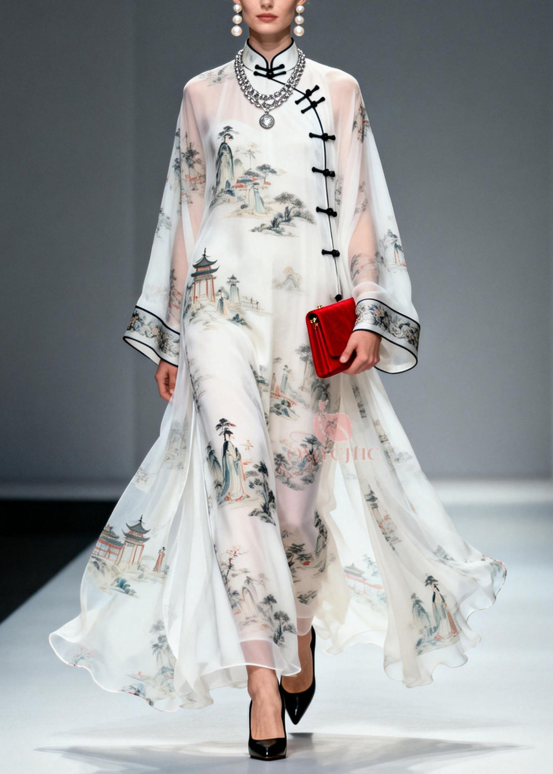 Chinese Style White Print Exra Large Hem Chiffon Dresses Summer