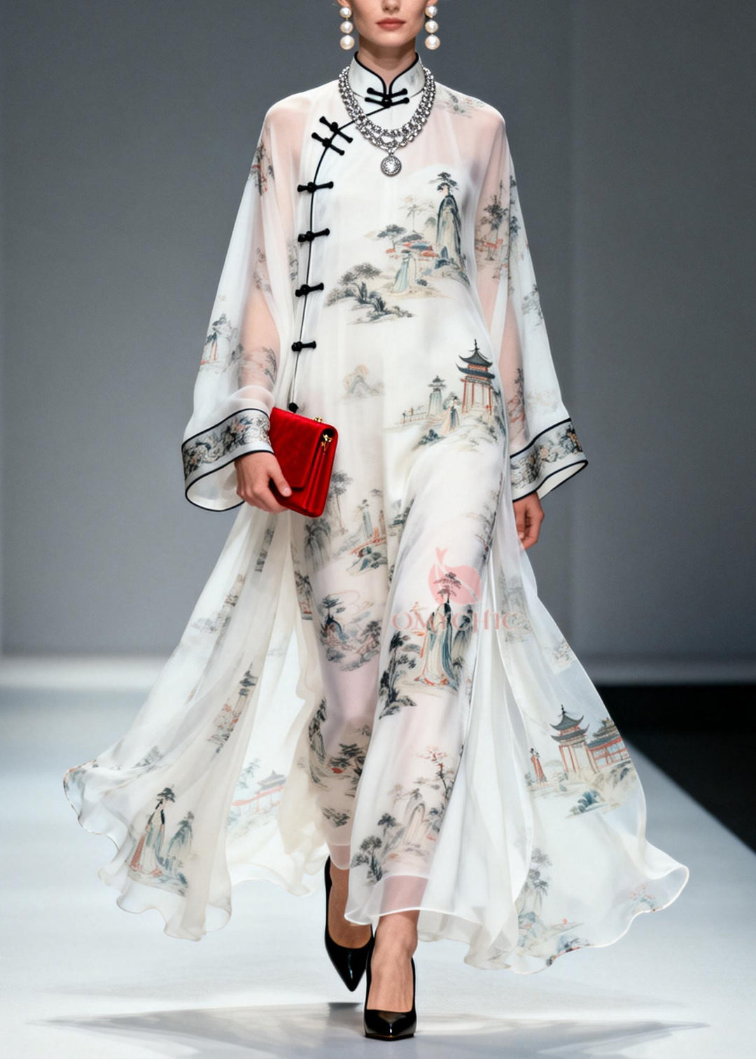 Chinese Style White Print Exra Large Hem Chiffon Dresses Summer