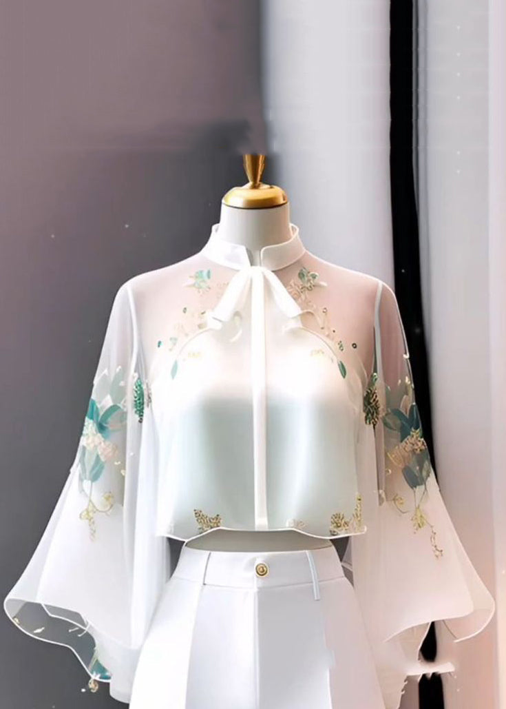 Chinese Style White Stand Collar Embroidered Chiffon Flare Sleeve Spring