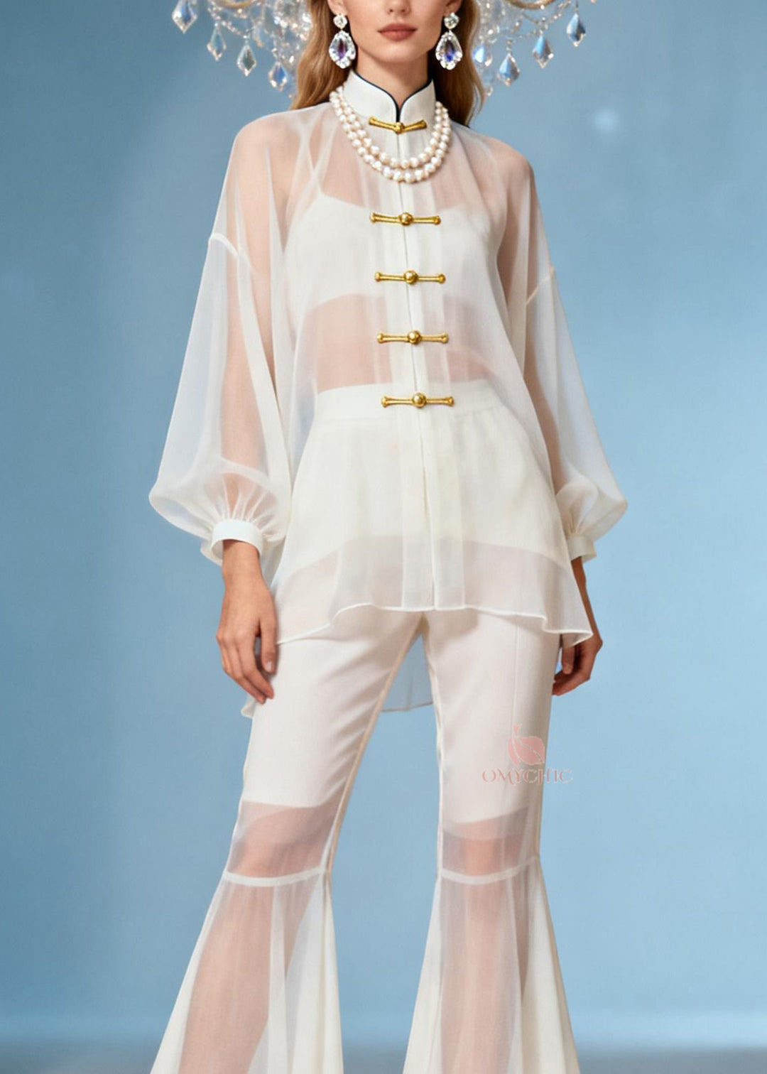 Chinese Style White Stand Collar Oriental Button Silk Set Summer