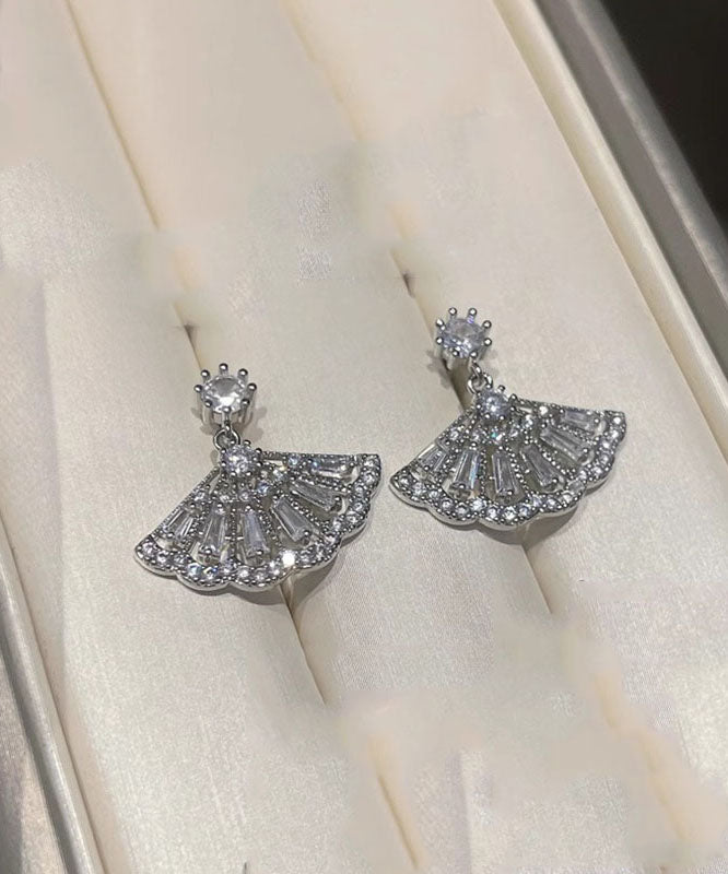 Chinese Style White Sterling Silver Zircon Tassel Drop Earrings