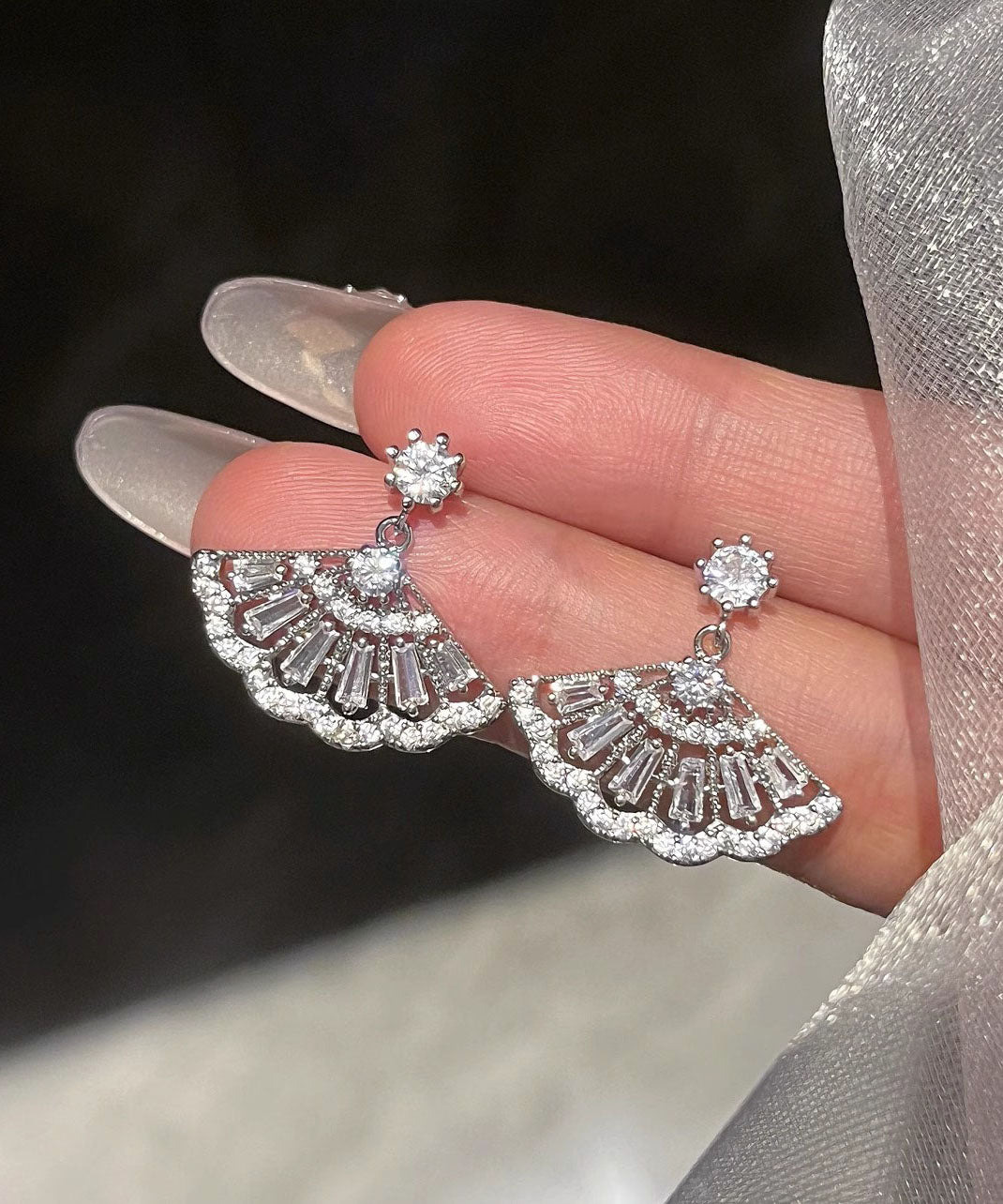 Chinese Style White Sterling Silver Zircon Tassel Drop Earrings