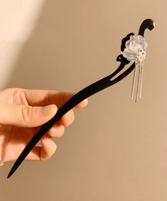 Chinese Style White Wooden Lotus Tassel Hairpin