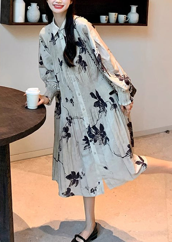 Chinese Style Wrinkled Print Button Collar Long Dresses Lantern Sleeve