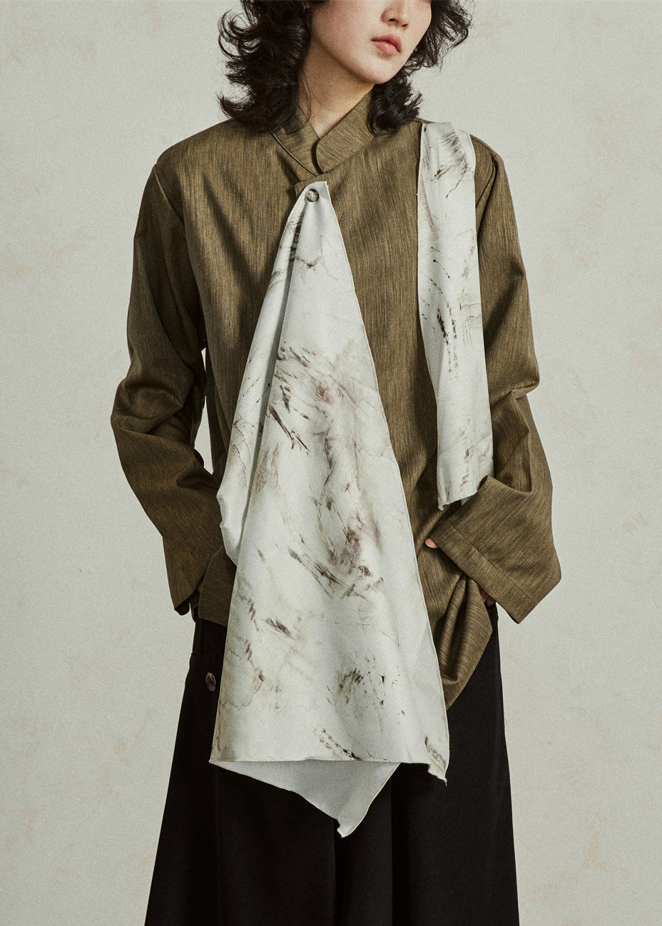Chinese Style Yellow Asymmetrical Patchwork Button Shirt Fall