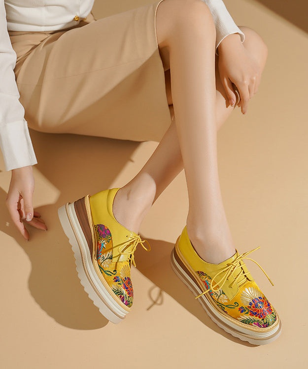 Chinese Style Yellow Embossed Wedge Shoes Lace Up