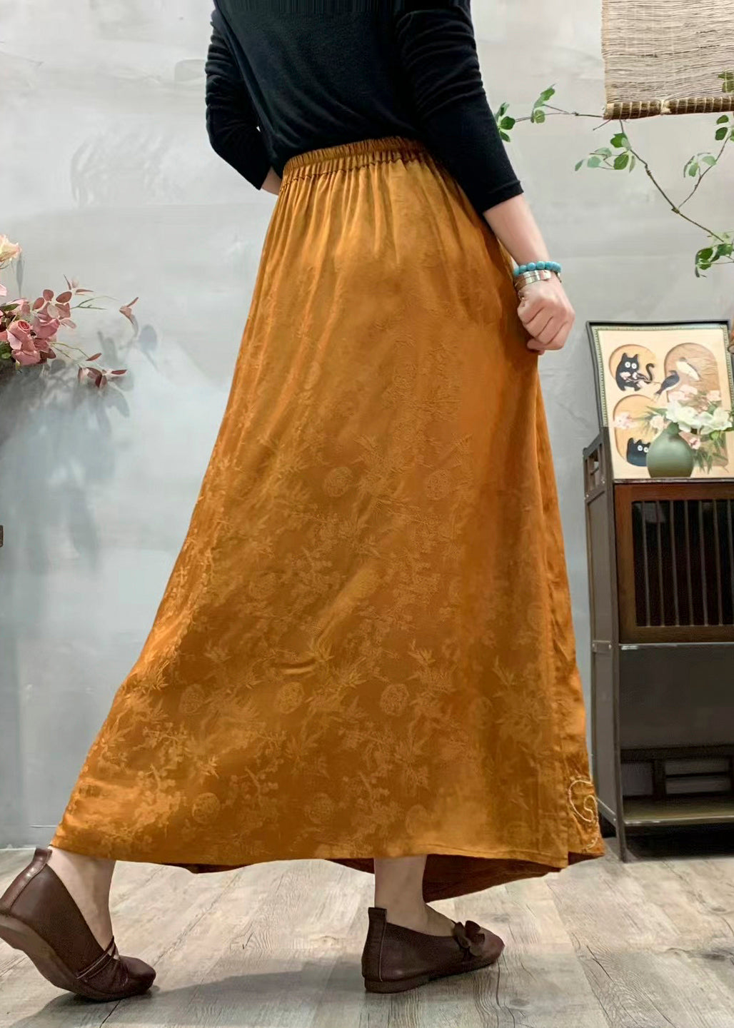 Chinese Style Yellow Embroidered Pockets Silk Skirt Fall