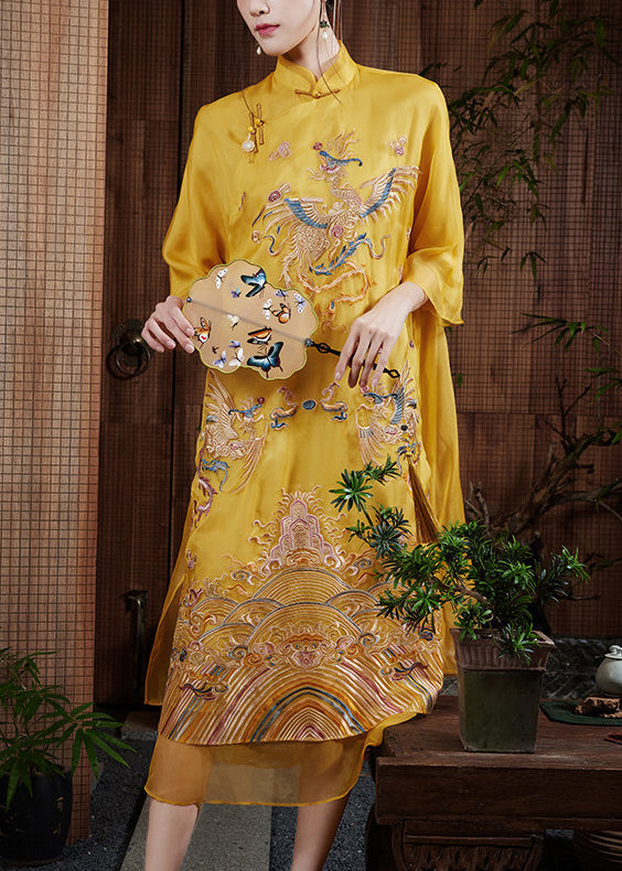Chinese Style Yellow Embroidered Silk Long Dress Summer