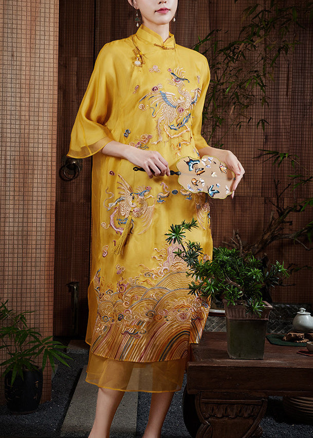 Chinese Style Yellow Embroidered Silk Long Dress Summer
