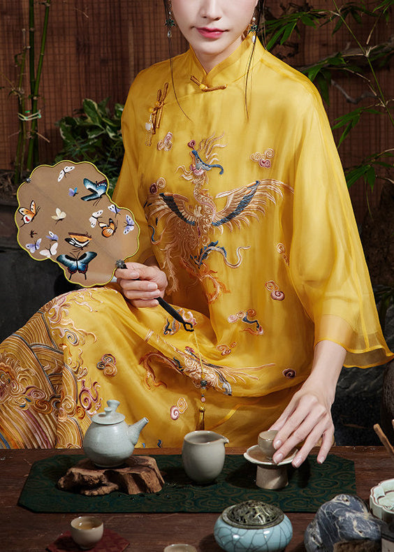 Chinese Style Yellow Embroidered Silk Long Dress Summer