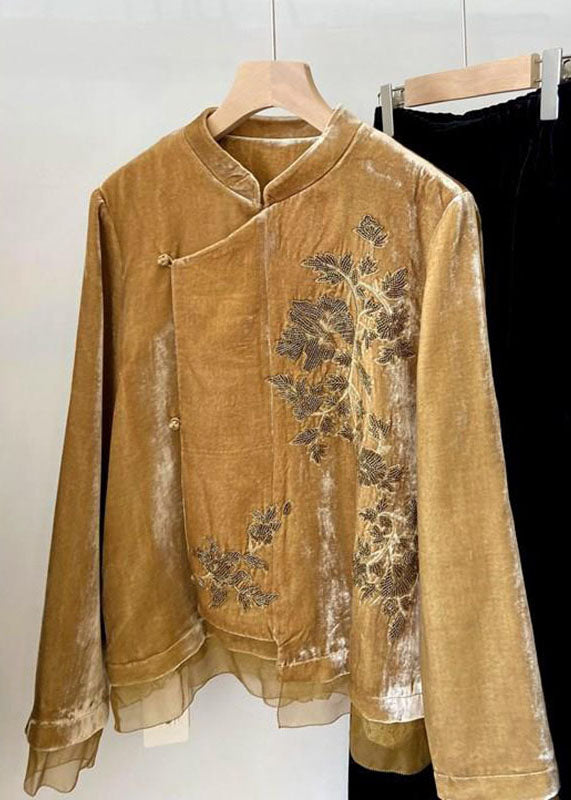 Chinese Style Yellow Embroidered Tulle Patchwork Silk Velvet Coats Flare Sleeve
