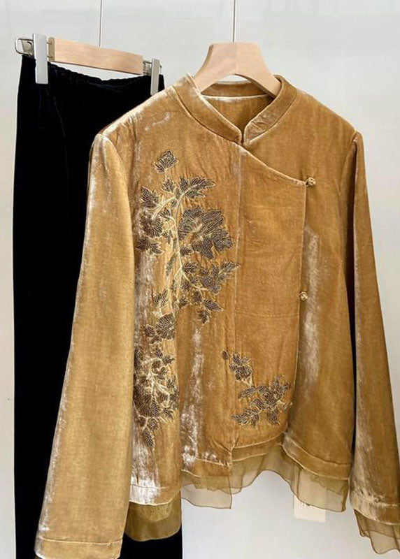 Chinese Style Yellow Embroidered Tulle Patchwork Silk Velvet Coats Flare Sleeve