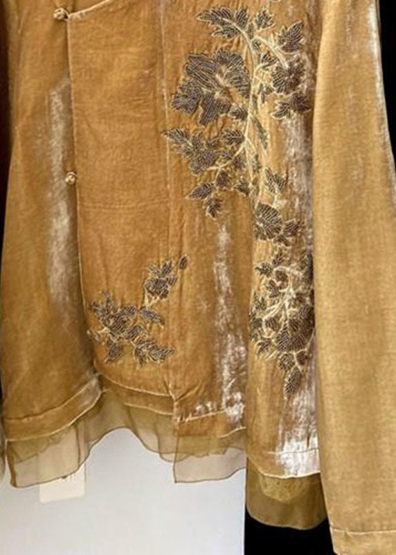 Chinese Style Yellow Embroidered Tulle Patchwork Silk Velvet Coats Flare Sleeve