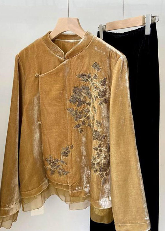 Chinese Style Yellow Embroidered Tulle Patchwork Silk Velvet Coats Flare Sleeve