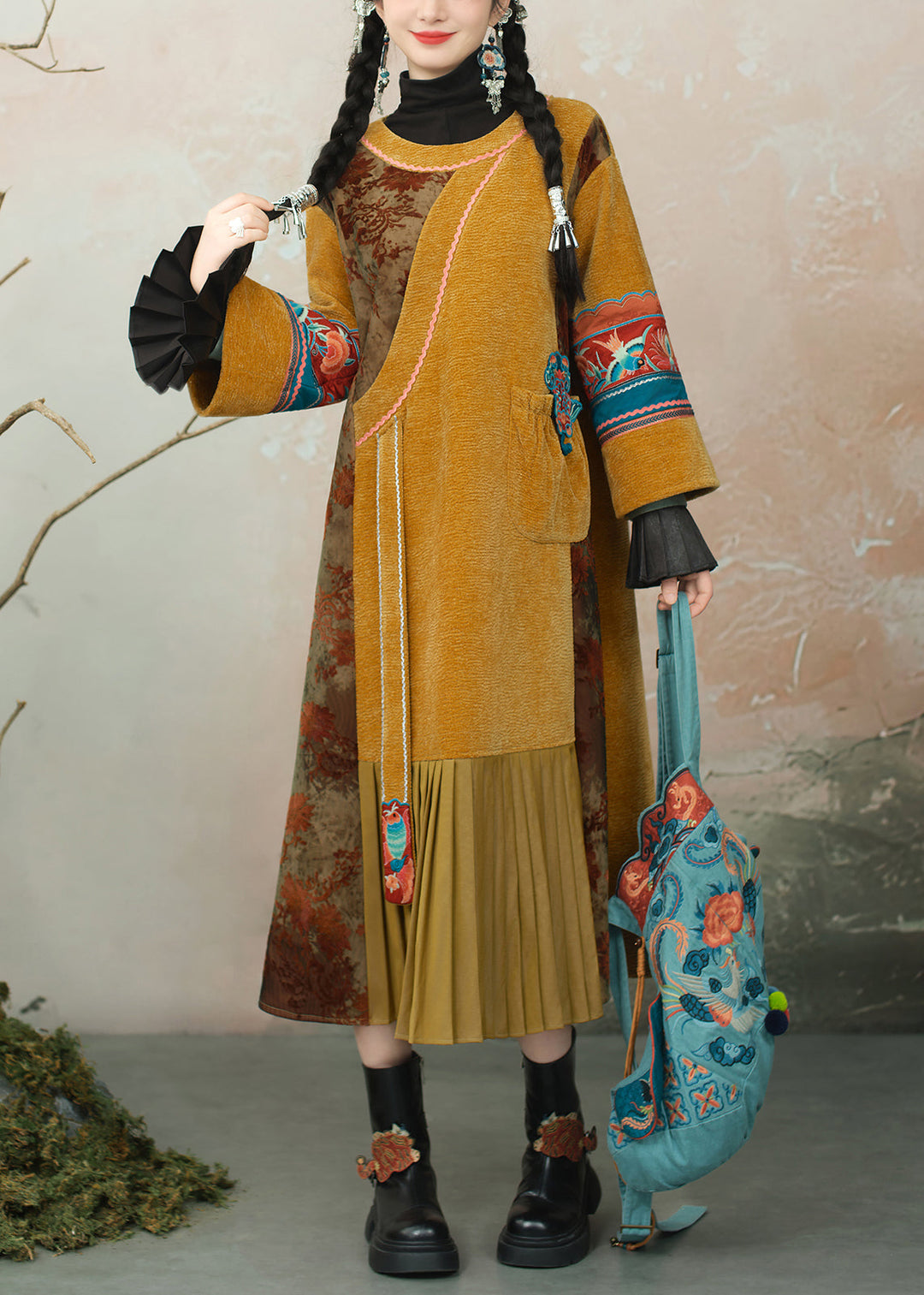 Chinese Style Yellow Embroidered Wrinkled Patchwork Chenille Long Dress Spring