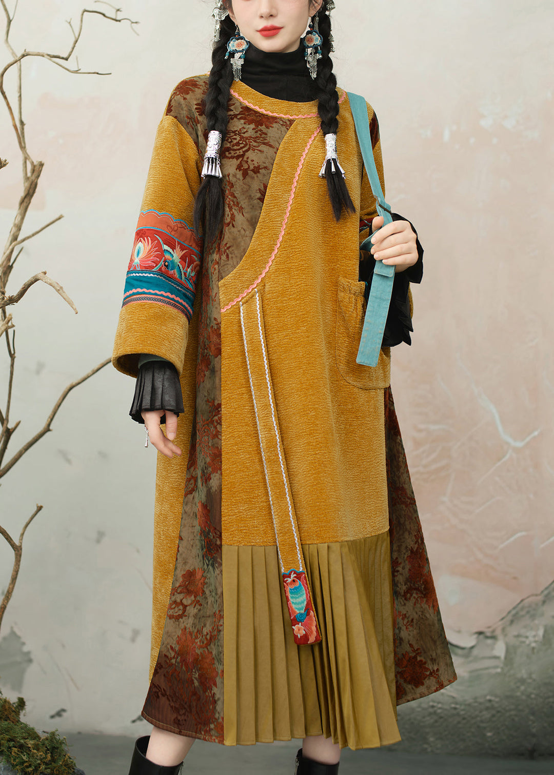 Chinese Style Yellow Embroidered Wrinkled Patchwork Chenille Long Dress Spring