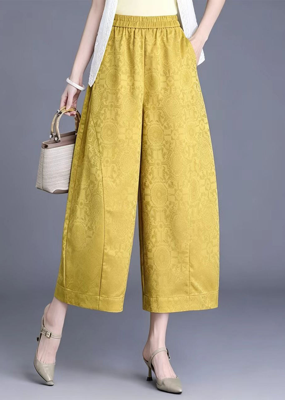 Chinese Style Yellow Jacquard Pockets High Waist Wide Leg Crop Pants Summer
