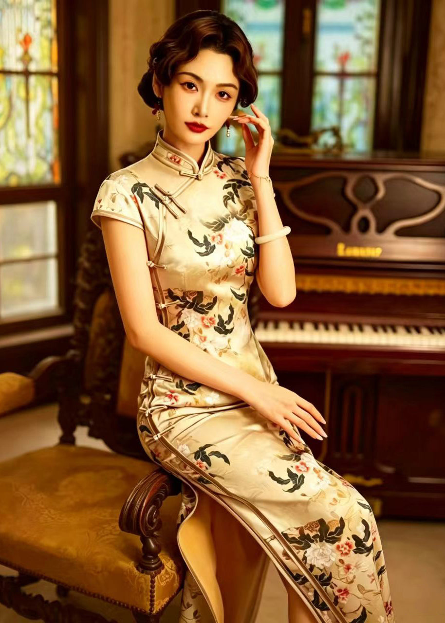 Chinese Style Yellow Jacquard Stand Collar Frog Buttons Dresses Summer