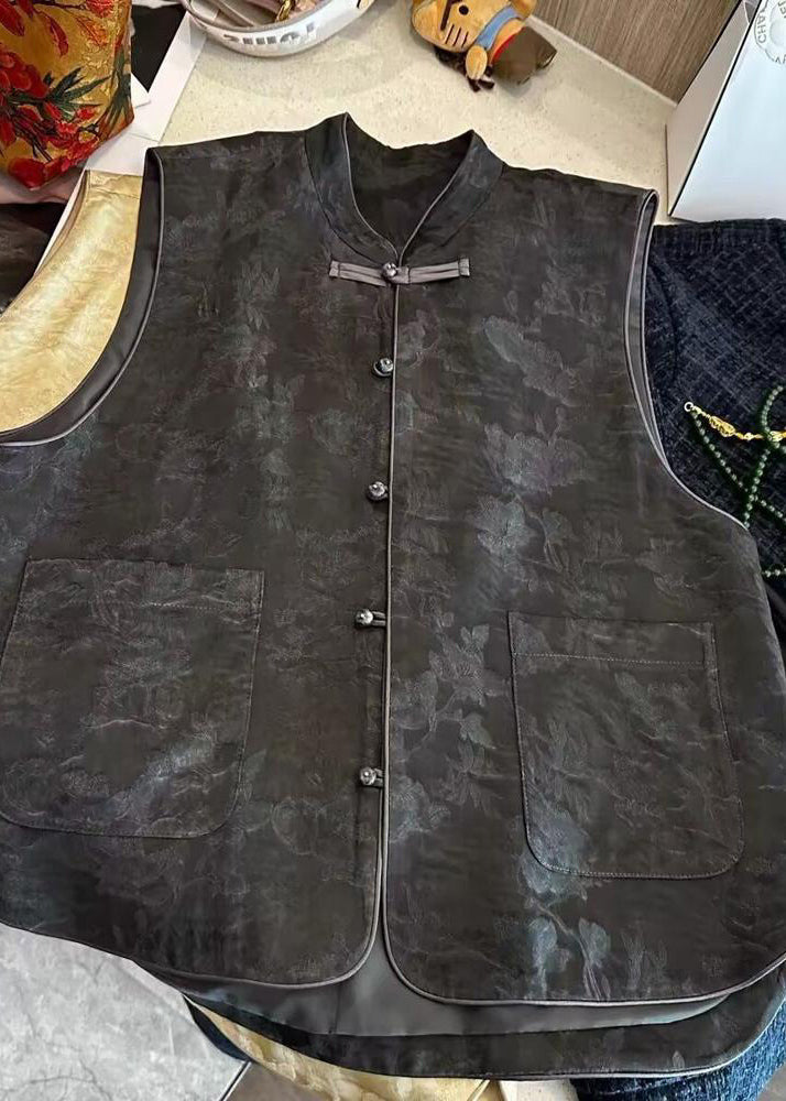 Chinese Style Yellow O-Neck Pockets Patchwork Waistcoat Sleeveless