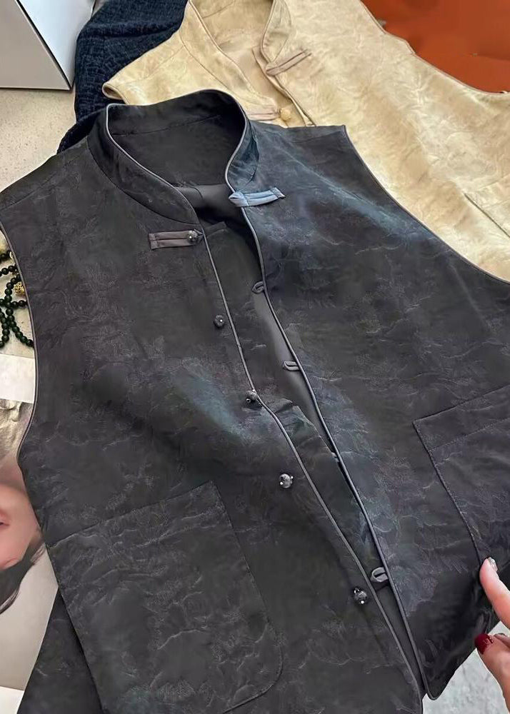 Chinese Style Yellow O-Neck Pockets Patchwork Waistcoat Sleeveless