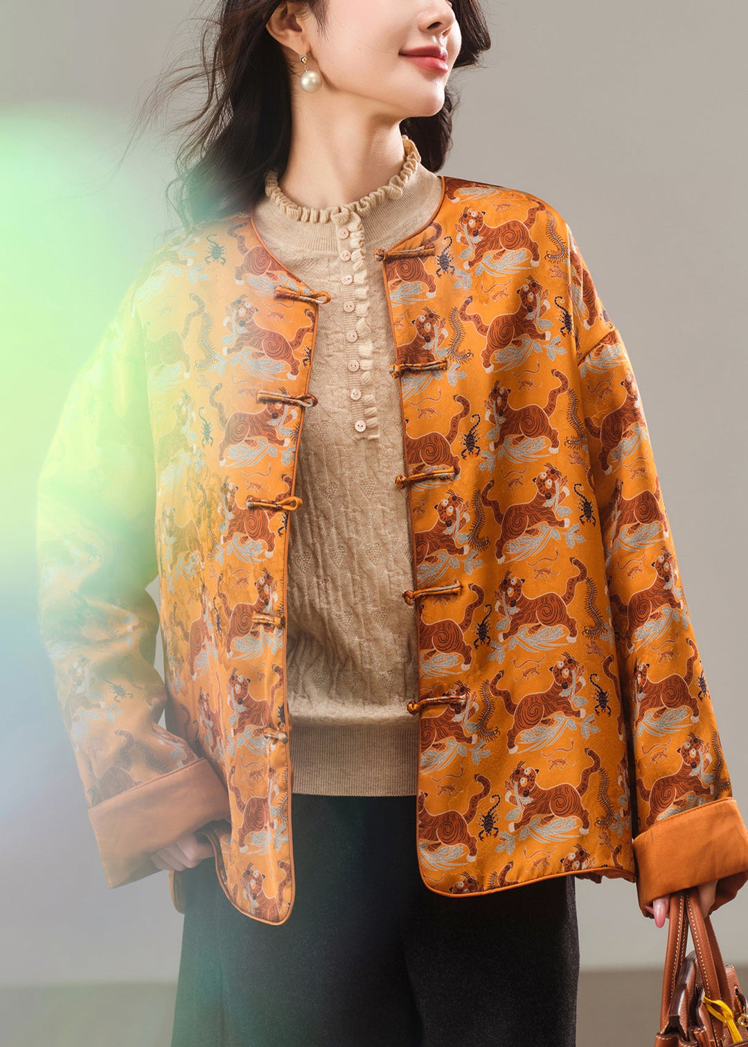 Chinese Style Yellow Print Fine Cotton Filled Silk Jacket Winter
