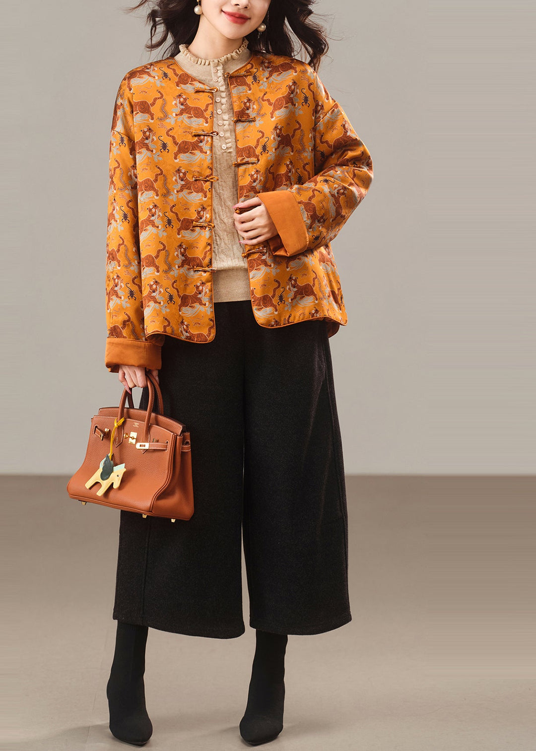 Chinese Style Yellow Print Fine Cotton Filled Silk Jacket Winter