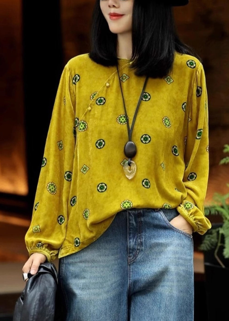 Chinese Style Yellow Print Silk Velour Top Lantern Sleeve