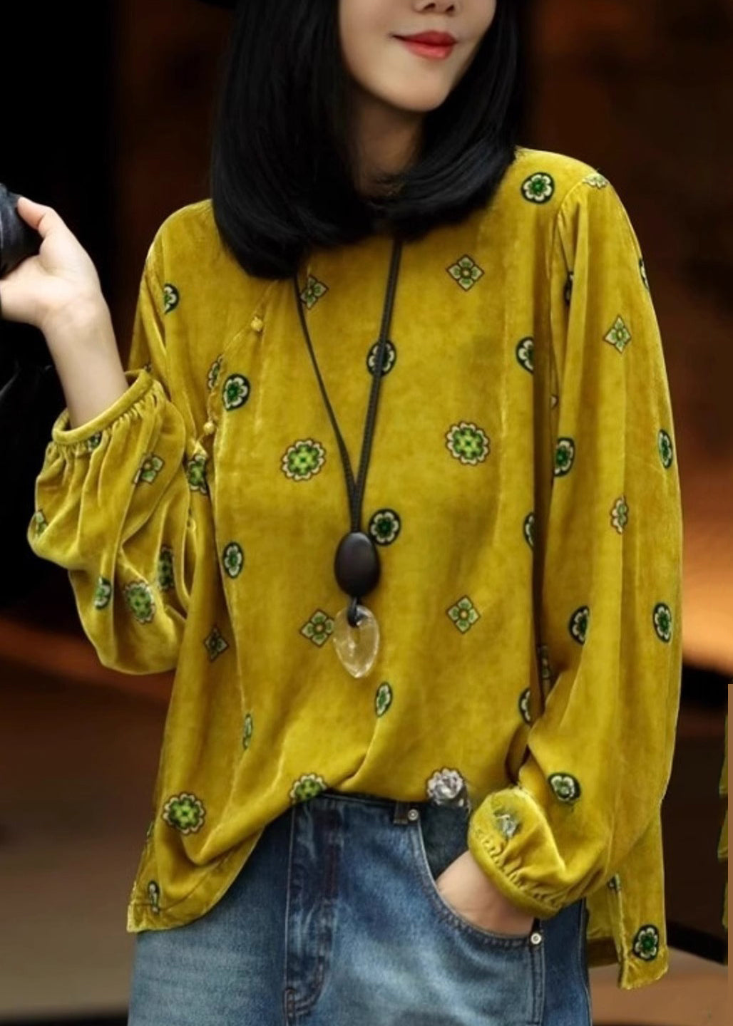 Chinese Style Yellow Print Silk Velour Top Lantern Sleeve