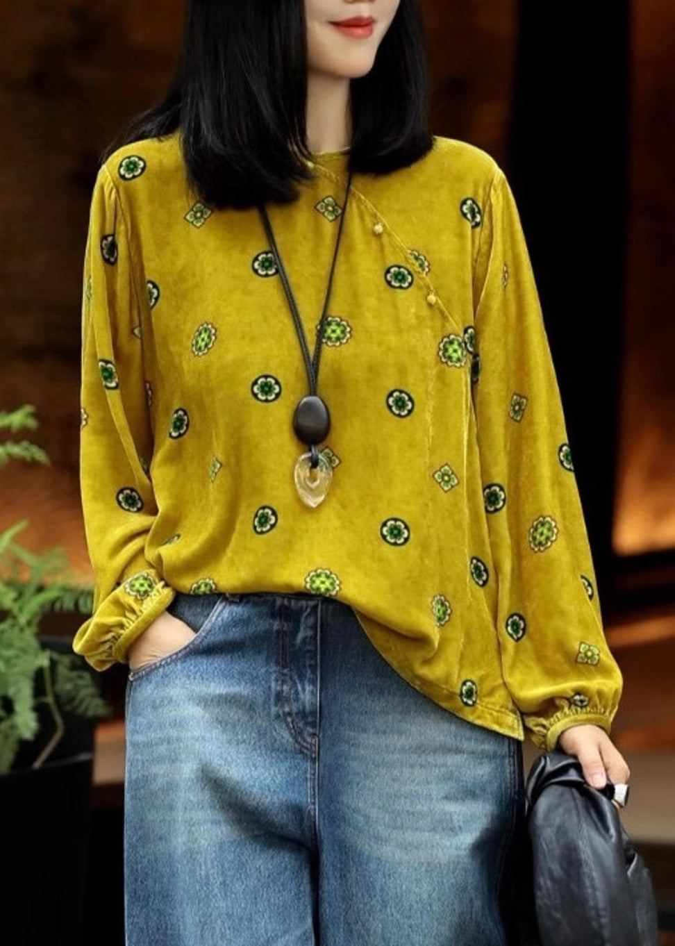 Chinese Style Yellow Print Silk Velour Top Lantern Sleeve