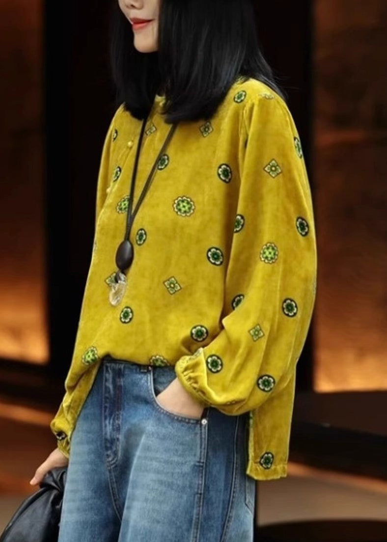 Chinese Style Yellow Print Silk Velour Top Lantern Sleeve