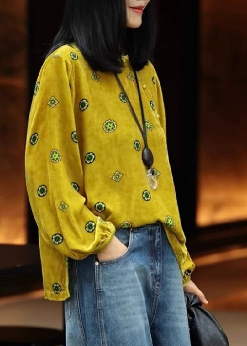 Chinese Style Yellow Print Silk Velour Top Lantern Sleeve