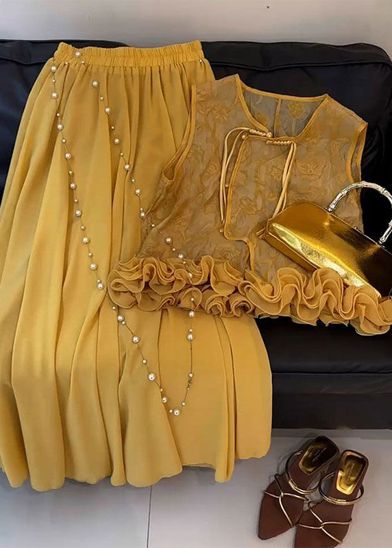 Chinese Style Yellow Ruffled Silk Two Pieces Set Summer